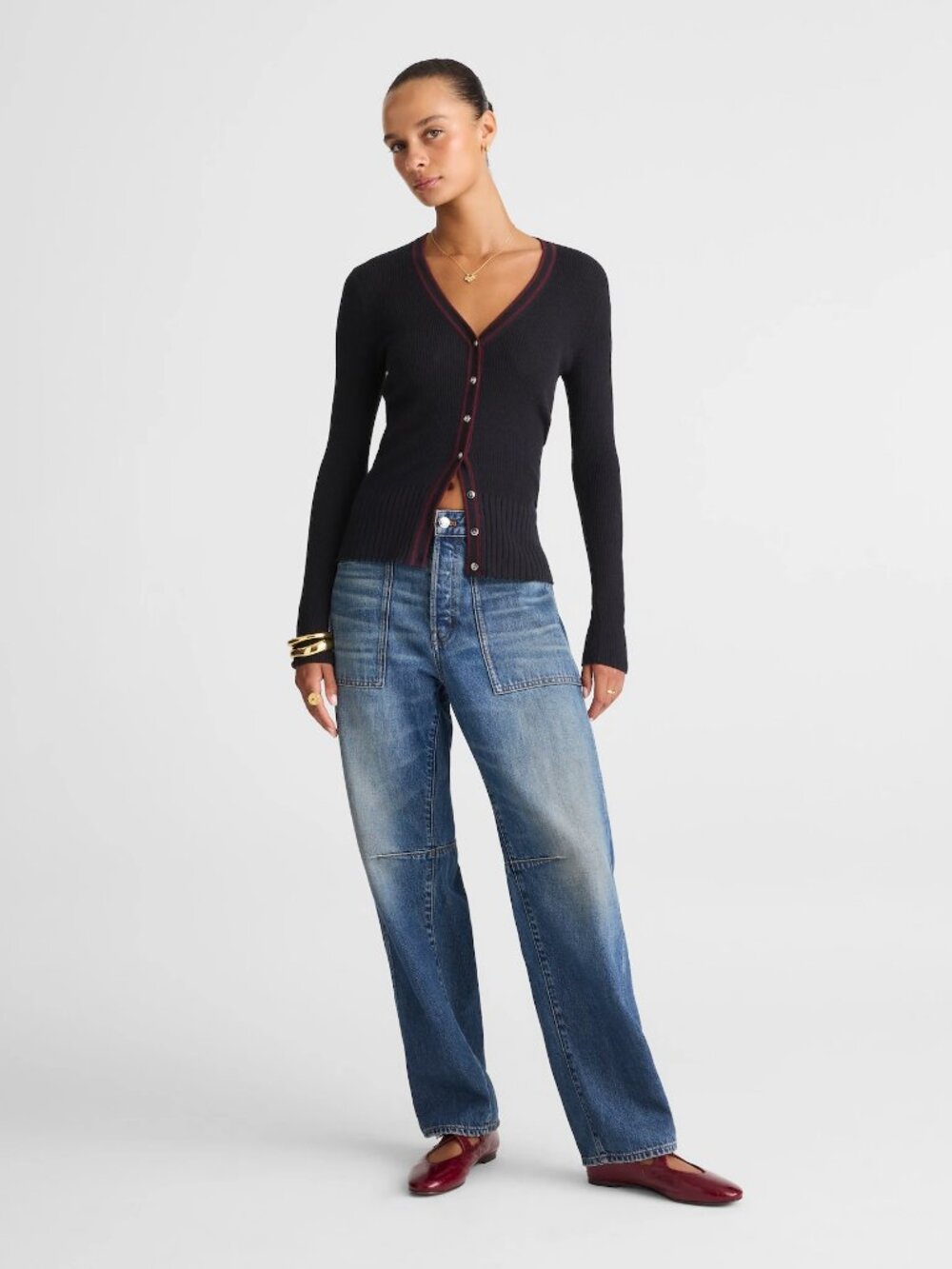 Madewell V-Neck Cardigan in Dark Navy Combo, Size Small - Picture 2 of 10